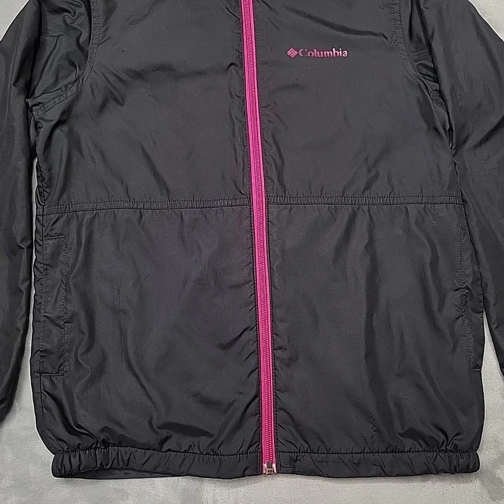 Columbia Jacket Girls M Black Pink Full Zip Hooded Fleece Lined Windbreaker